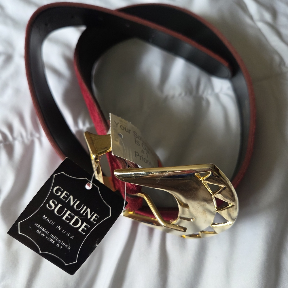 New Old Stock - Genuine Suede Vintage 90s Red Belt with Gold Buckle